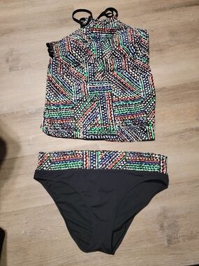 Ella Black Tankini Top with Geometric Multi-Color Trim